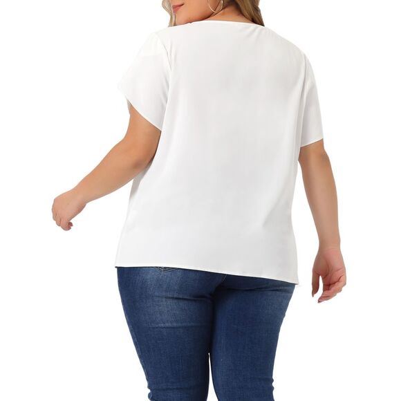 Plus Size Tops Women Round Neck Basic Pleated Top Tulip Sleeves Blouse White - Picture 4 of 6